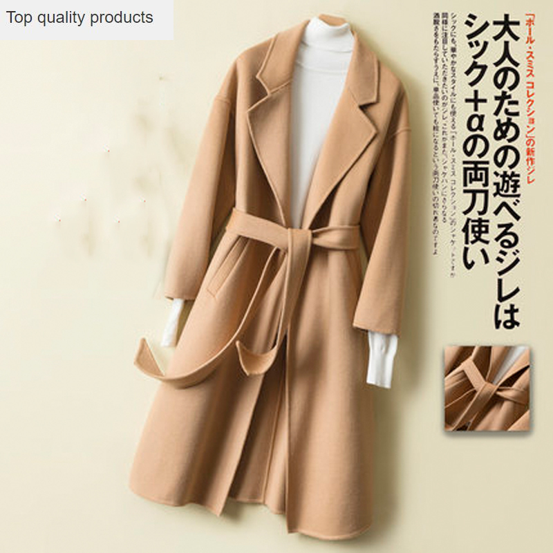 

Ladies Coats 2020 Spring Autumn 100% Wool Coat Women Double Side Long Trench Coat With Belt Overcoat Outwear abrigo mujer LJ407, Black long