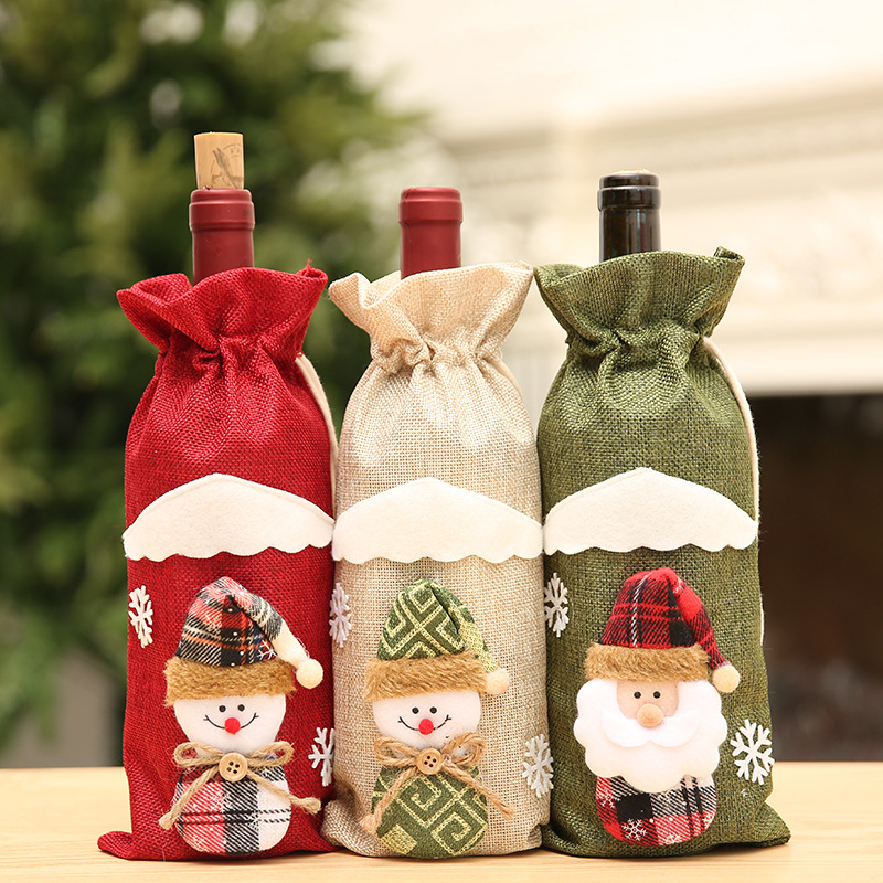 

Creative Cartoon Christmas Decorations for Home Burlap Embroidery Angel Old Man Wine Bottle Cover Set Christmas Gift Bag Santa Sack FY7170