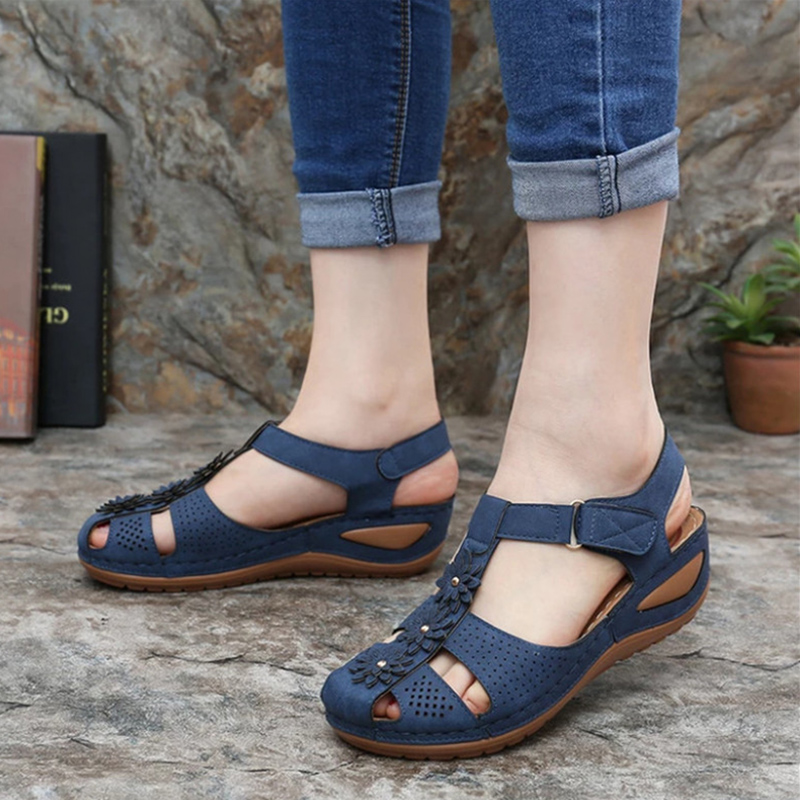 

Women Summer Sandals PU Leather Vintage Flower Buckle Shoes Casual for Ladies XRQ88, Orange