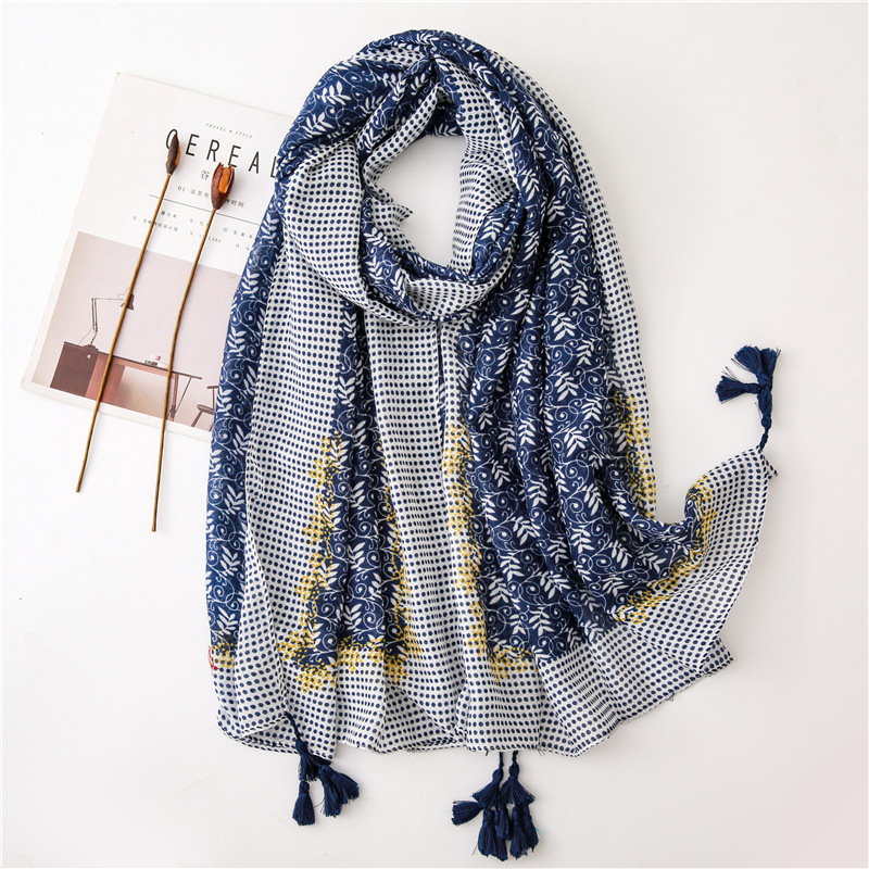 

Spring Antumn Scarf Shawl Floral Dot Printed Patchwork Women Hijab Scarf Tassels Navy Blue 180x90cm Bandana Foulards