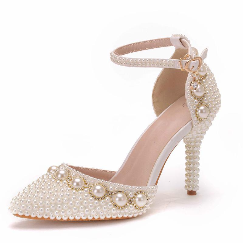 

Large Size 42 43 Women High Heels Sandals Womens Beads pearl Wrist Strap Crystal Wedding Shoes White Beige Bride Shoes for Women, Beige 9cm