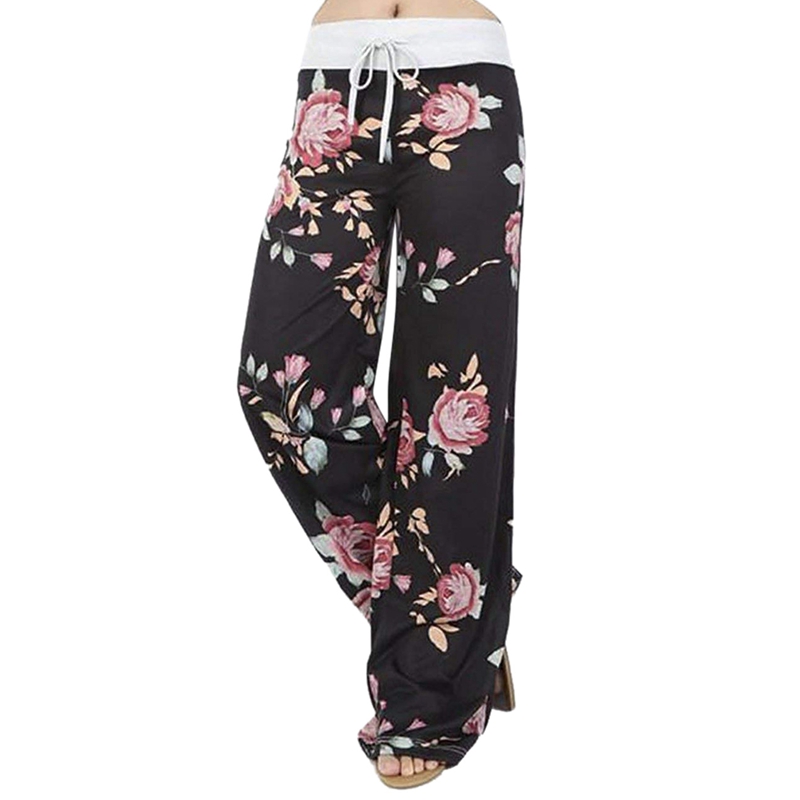 

Women's Summer Casual Pajama Pants Floral Print Drawstring Lounge Pants Wide Leg Black