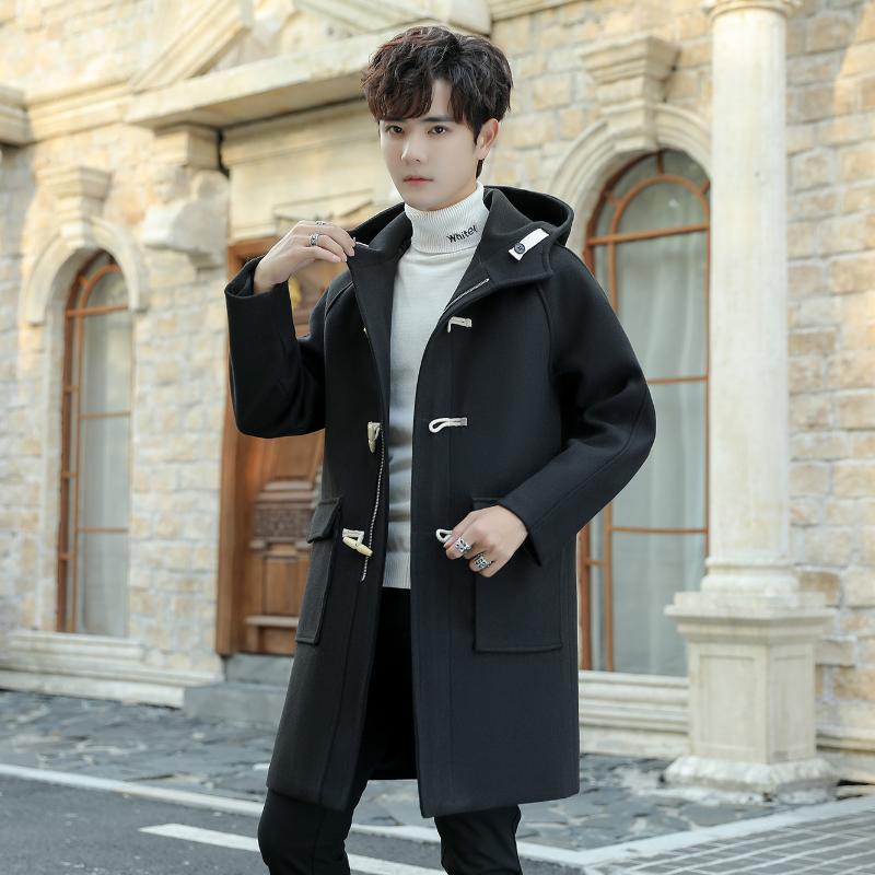 

2020 NEW Winter Coat Men Wool Blends Coats Horn Buckle Loose Long Jacket Men Casual Overcoat Fashion Casaco Masculino, Black