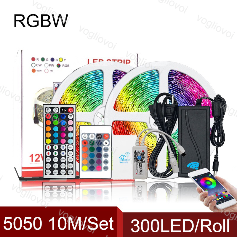 

Led Light Strip WiFi Smart Voice Control 10M SMD5050 300Leds/Roll DC12V RGBW 24keys 110-240V 5A Adapter For Courtyard KTV Plaza DHL