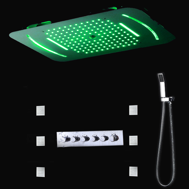 Luxury Complete Shower Faucet Set Bathroom Embeded Ceiling Big Rain Waterfall Massage LED Shower System High Flow Mixer Shower Body Jets-image-565850353