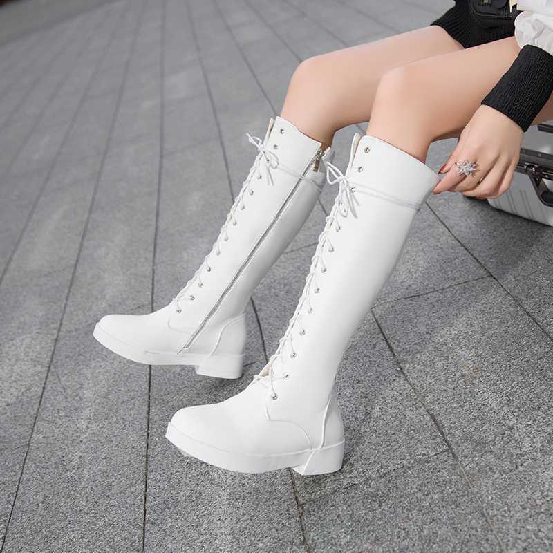 

Cosplay comfortable round toe knee high boots lcae-up zipper waterproof black white medium with chunky women's motorcycle boots