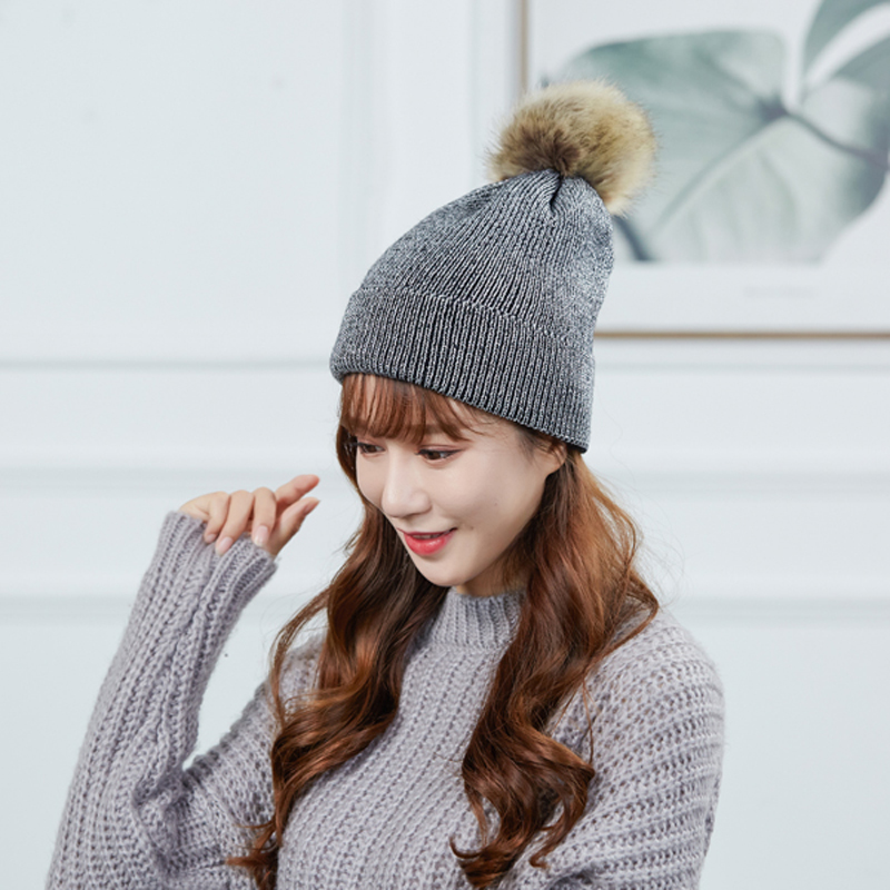 

New Pompoms Women's Winter Hat Fashion Plus Fleece Warm Hat Knitted Hats Bright Color Cap Thick Female Caps