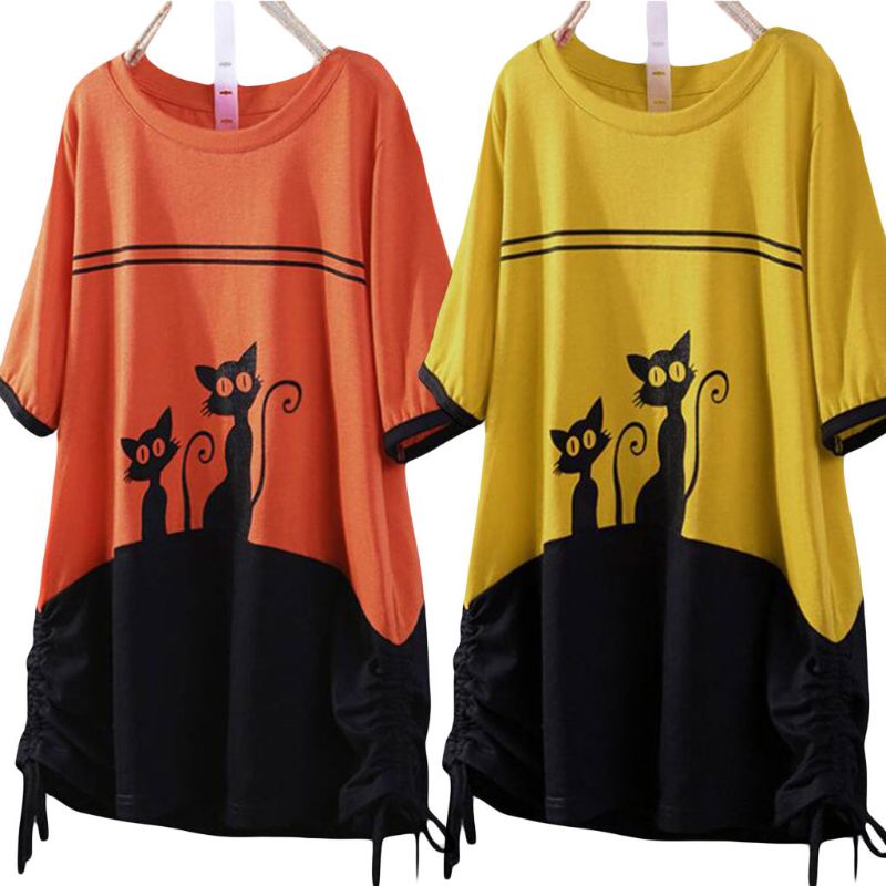 

Women Summer Casual Loose Funny Cat Print Short Sleeves Top Shirt Tees T-shirt Plus Size M-5XL, Yellow