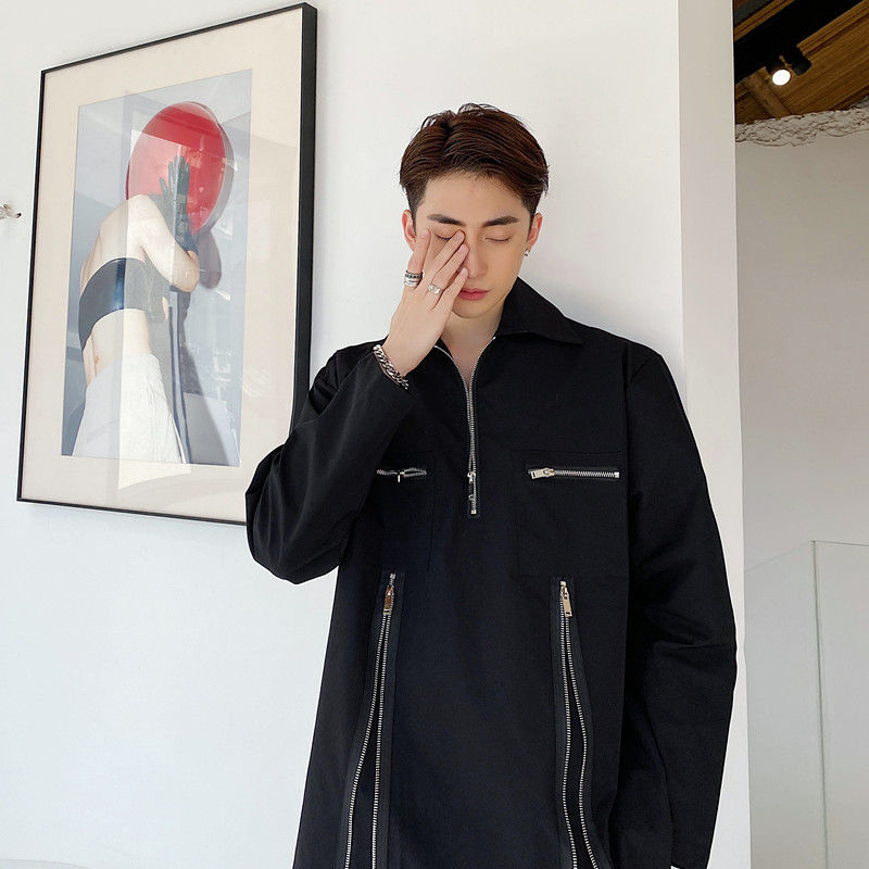 

EWQ / men's wear New niche design zipper pocket pullover shirt male's Moto & Biker style long sleeve 2020 trendy tops male Y3294, Black