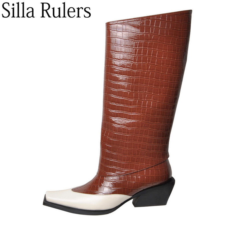 

Runway Square Toe Knee High Boots Women Chuky Heels Morcycle Boots Woman Western Wide Bootleg Knight For Woman, Brown