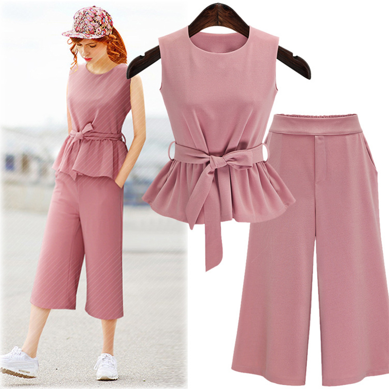 

2020 Plus Size 5XL Summer European Style Sleeveless Tops Three Quarter Pants Women Sets Pink Color Sashes Bow Female Suits
