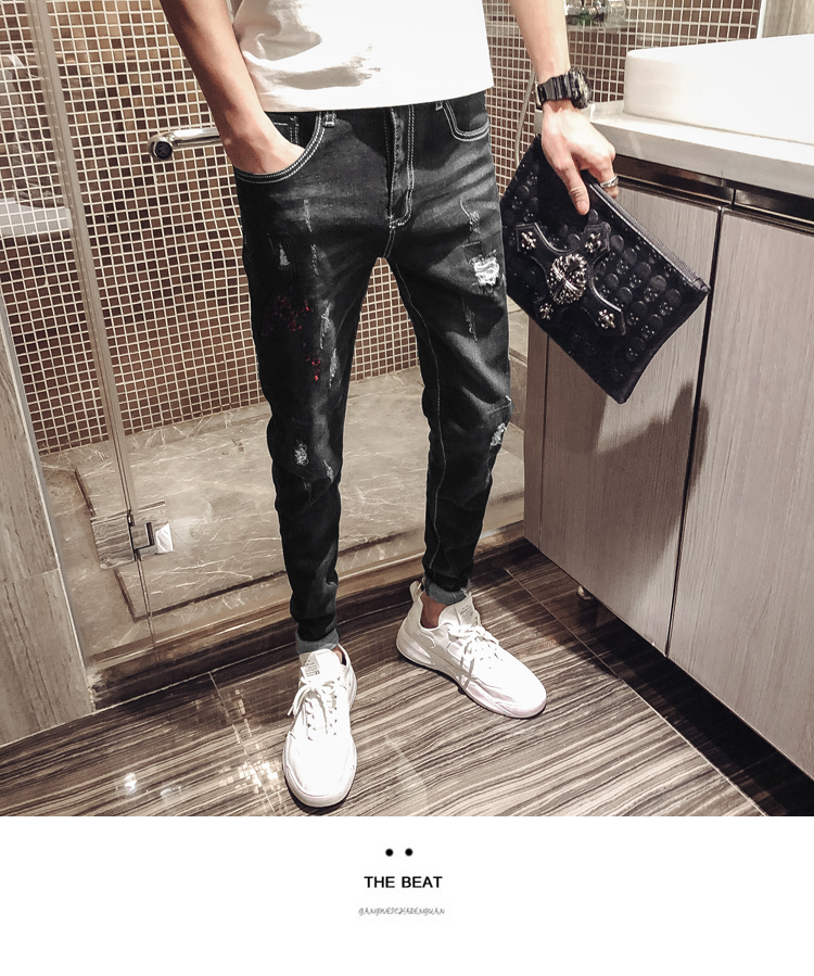 

Hole jeans han edition cultivate one's morality spring tide embroidered pants, Black