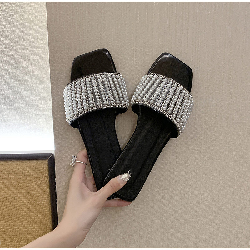 

Flat Pearl Slippers Women's Summer Shoes Woman Square Toe Non Slip Bling Crystal Elegant Ladies Fashion Slides Female New 2020, White