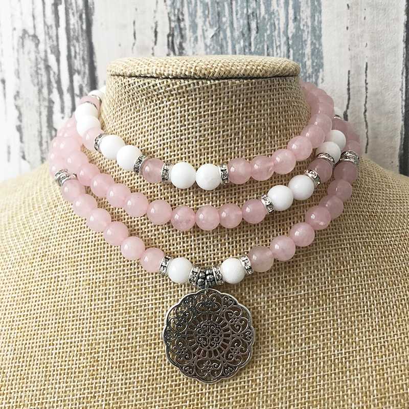 

108 Rose Q-uartz Long Necklace Wrap Yoga Bead Women Boho Bracelet or Necklace Hippie Bead Mandala Lotus OM