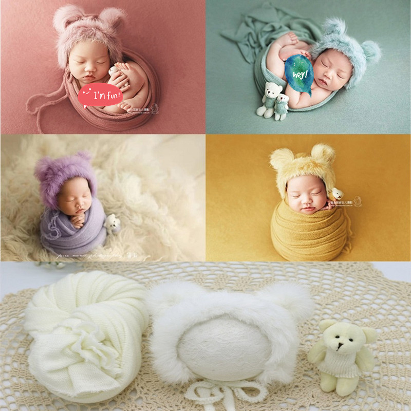 

3pcs/set Newborn Photography Props Blanket Hat Baby Photography Wrap Props Bear Doll Baby Photo Accessories, White