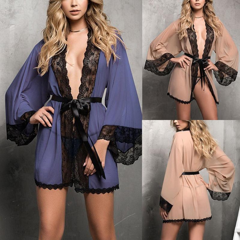 

Plus Size Sexy Underwear Pajamas For Women Lace Robe With Belt Sleepwear Bielizna Nocna Bathrobe Satin Lingerie+G-strings S-3XL, Khaki