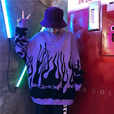 

Mens Sweater 20s Autumn Winter Harajuku Flame Knitting Loose Long Sleeve Sweater Contrast Color Streetwear Pullover, Style1