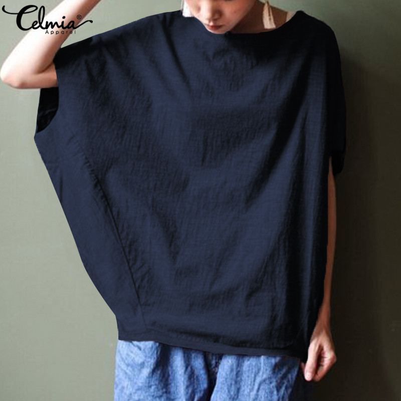

Oversized Tops Celmia Women Vintage Linen Blouses New Summer Sleeve Female Shirts Solid Casual Loose Blusas Femininas, Black