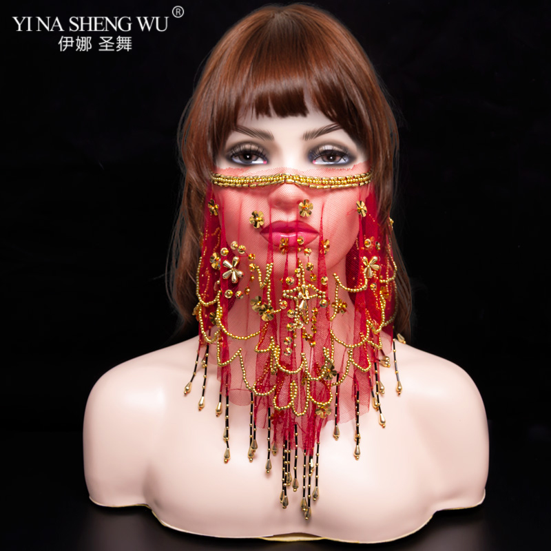 

Women's Belly Dance Tribal Face Veil With Halloween Costume Accessory With Sequins Bellydance Veils For Sale 9 Colors Available, Plum flower black