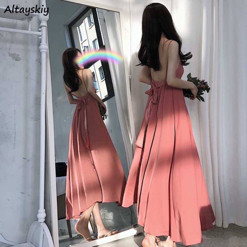 

Dress Women A-line Backless Sling Sexy Elastic Waist Bandage New Long Dresses Slim Thin Elegant Temperament Stylish Chic Trendy, Black