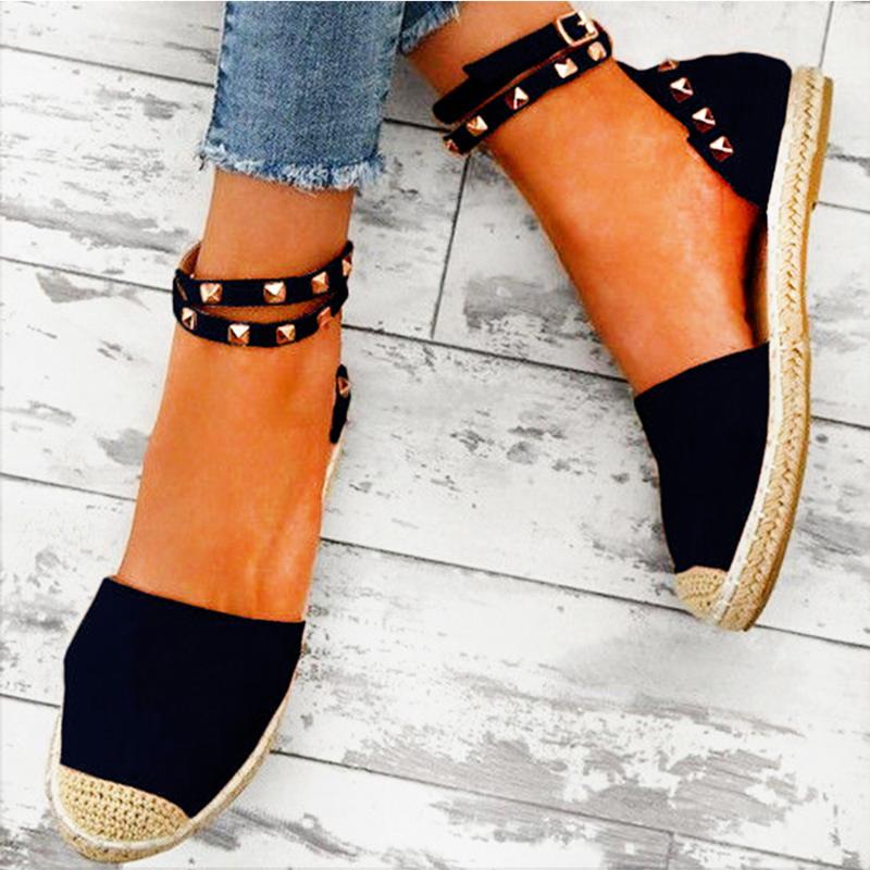 

Women Cane Flock Patchwork Pumps Sandals Rivet Ankle Strap Pump Shoes Solid Suede Buckle Strap Fisherman Shoes For Ladies D30, Black