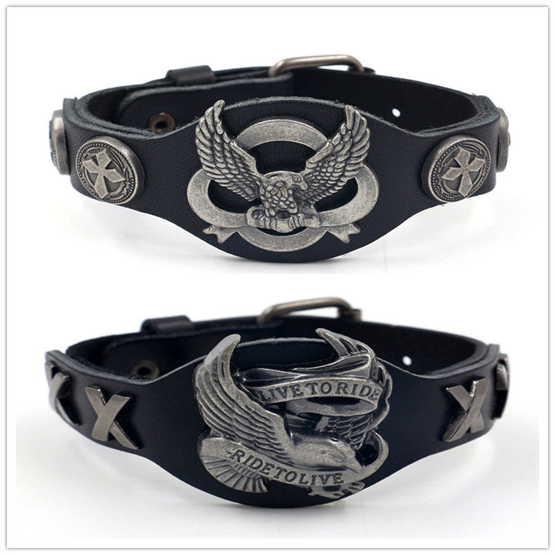 

2pcs Men Punk Motorcycle Rider Genuine Leather Wrap Bracelet Live To Ride Fashion Eagle Charm Bracelet Wristband Drop Shipping