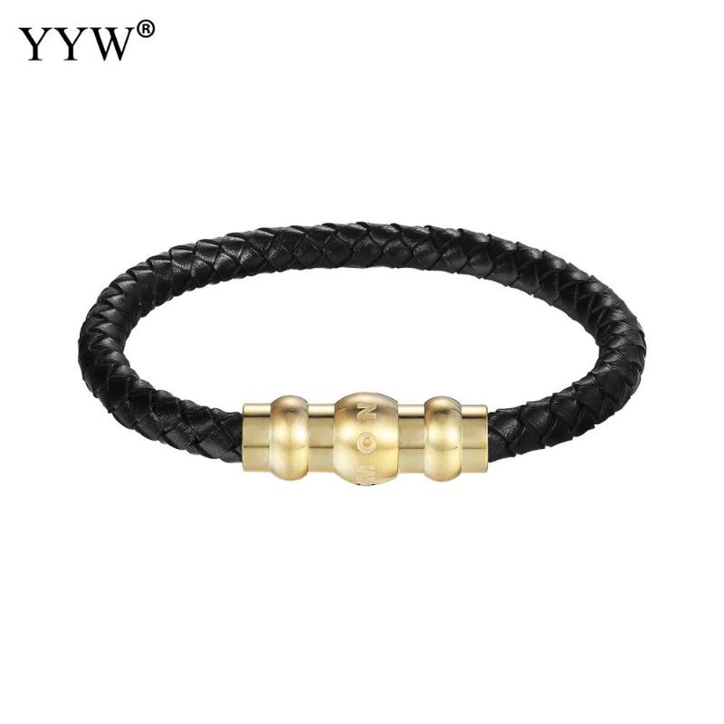

YYW Trendy Round Genuine Leather Bracelets Men Luxury Stainless Steel Leather Bracelet Bangles Male Female Bracelets Jewelry
