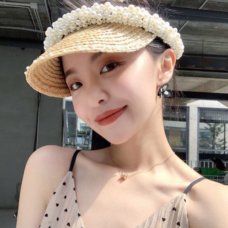

kpop Cap Woman's Sun Hats Hand Made DIY Pearl Visor Caps Summer Cap Casual Shade Hat Empty Top Hat Beach, Black