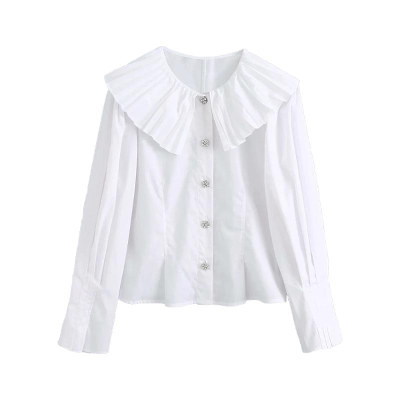 

2020 New Women Blouse Pleated Collar Long Sleeves Gem Button Shirt Vintage Fashion Tops Femme Mujer Blouse, White