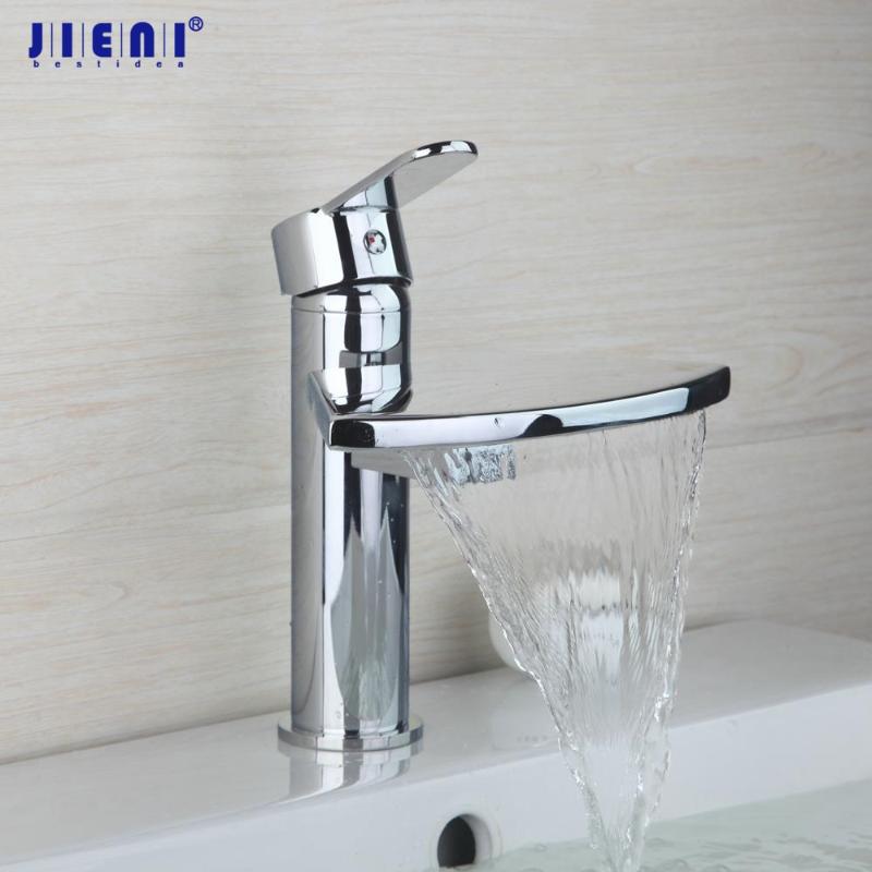 

JIENI Solid Brass Bathroom Basin Sink Waterfall Spray Chrome Brass Wide Spout Deck Mounted Single Lever Washbasin Mixer Tap