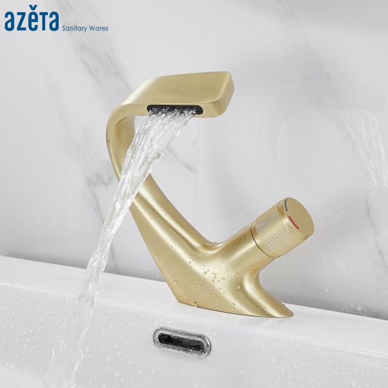 

Azeta New Color Brushed Gold Basin Faucet Brass Bathroom Faucet Single Handle Waterfall Basin Sink Mixer Tap torneira AT7816BG