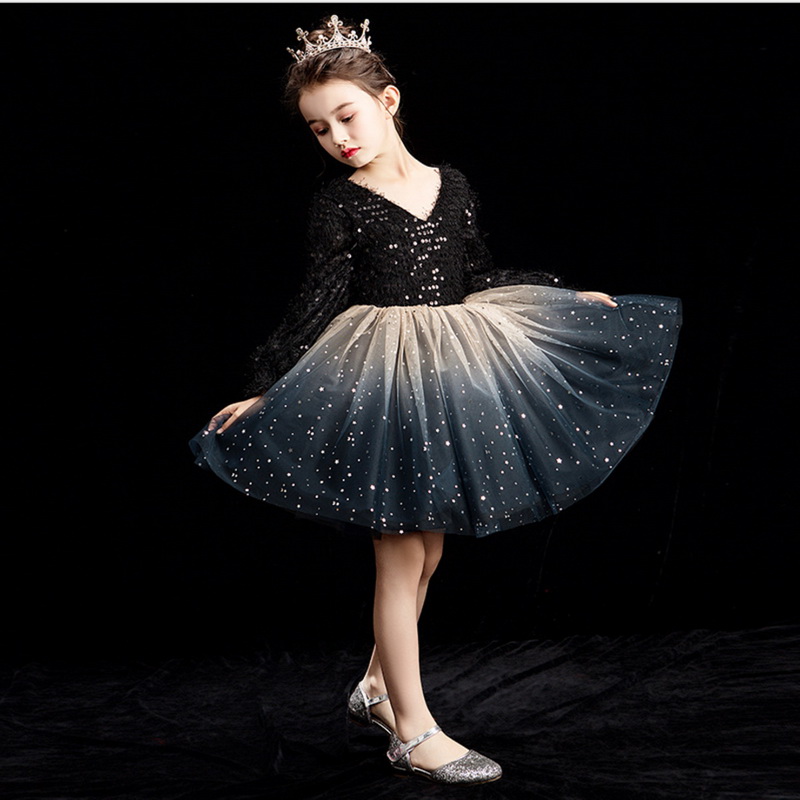 

Wholesale Girl Party Dress Kids Princess Dresses for Girls Full Sleeve Sequin Black Champagne Perform Dress Kids Clothes E92458
