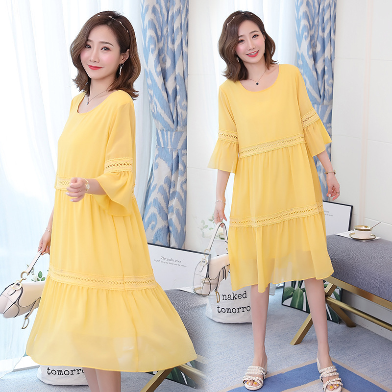 

Maternity Dress 2020 Summer Dress Pregnancy Clothing Fashion Korean O-neck Loose Chiffon Dresses for Pregnant Women, Yellow