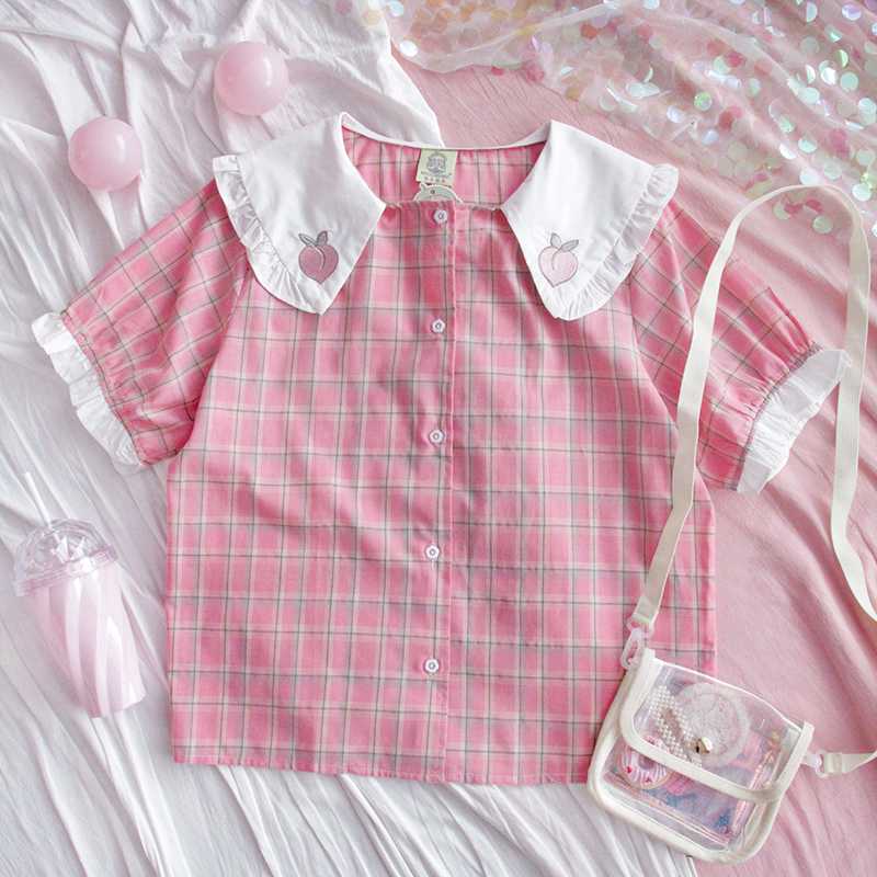 

2020 Summer New Plaid Blouse Korean Short sleeve Loose Girls Student Cute Peach Embroidery Doll collar Shirt Tops Preppy Style, Pink