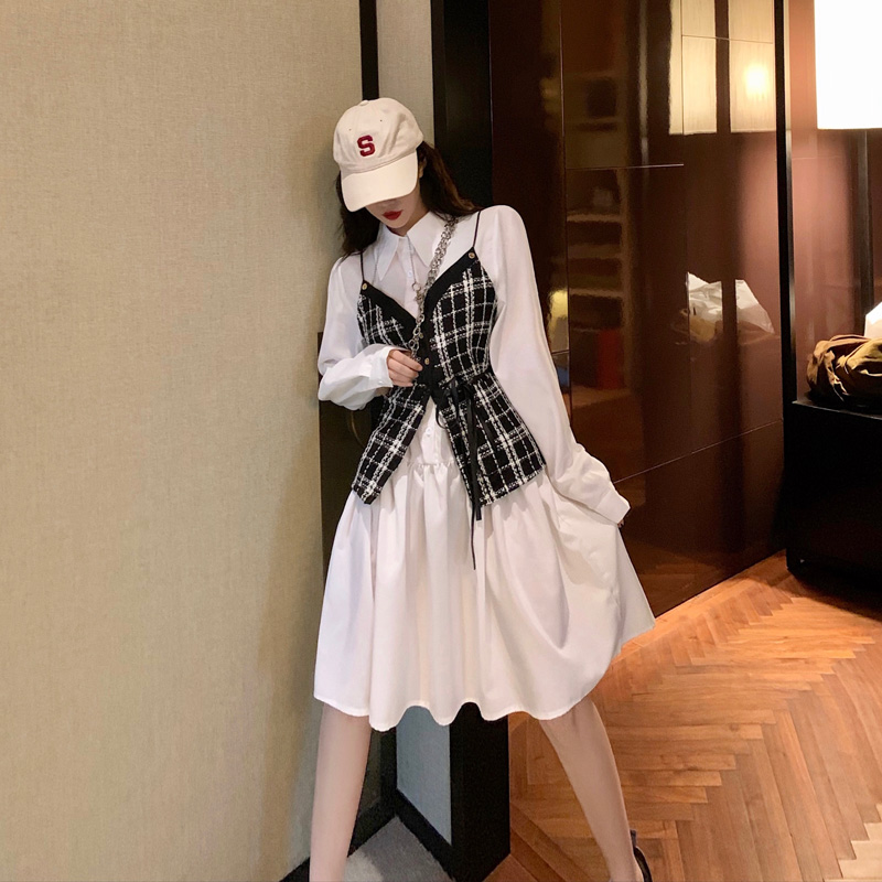 

Women' Dress Sets Plaid Vest Long Sleeve Turn-down Collar White Shirt Dress 2-piece Suits Korean Style Chic 2020 New Autumn, Photo color