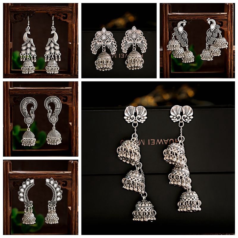 

Antique Gypsy Jhumka Earrings Women Vintage Sliver Color Flower Birds Carved Big Bell Long Tassel Drop Earring Jewelry