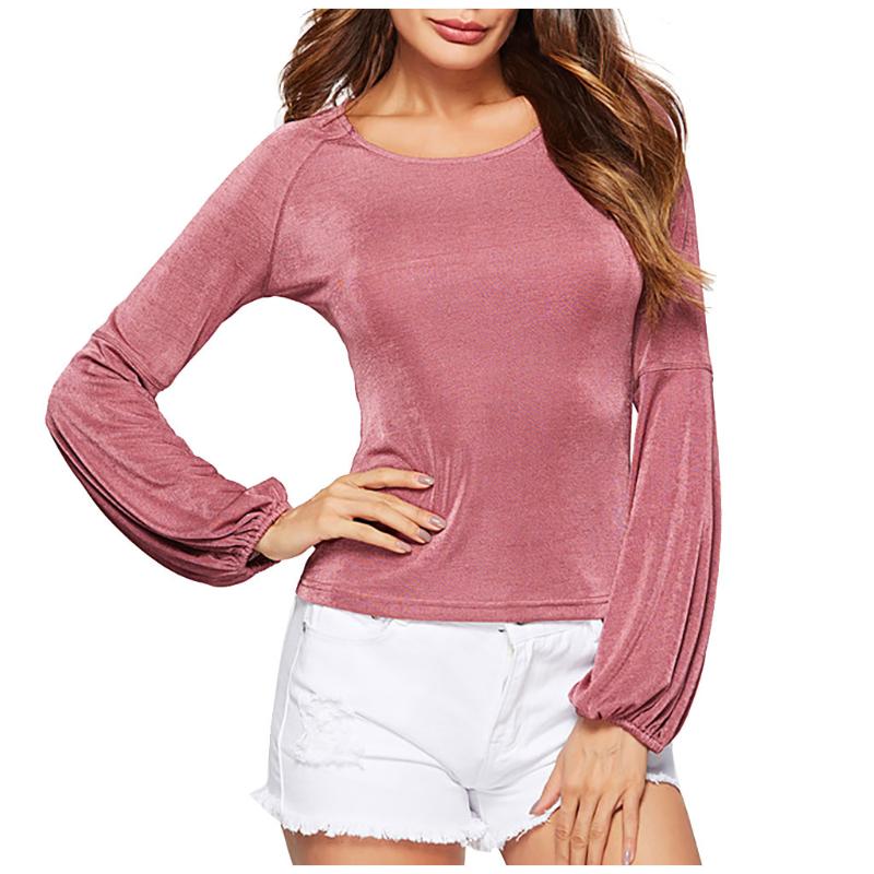 

Women' Fashion Sexy Navel Top Waist Cross Tie Round Neck Long Sleeve T-shirt Ladies Autumn Elegant Slim Tshirts 2020 #4, Red