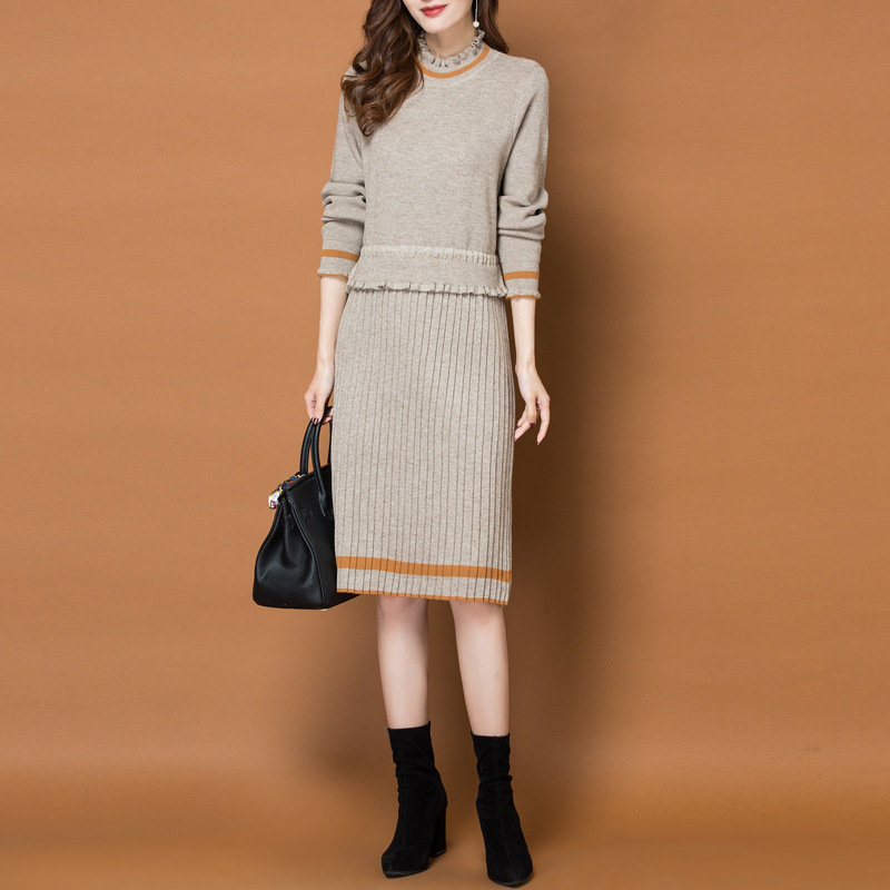 

2020 women solid sweater dress long style full sleeve knitted pullover warm autumn winter, Beige