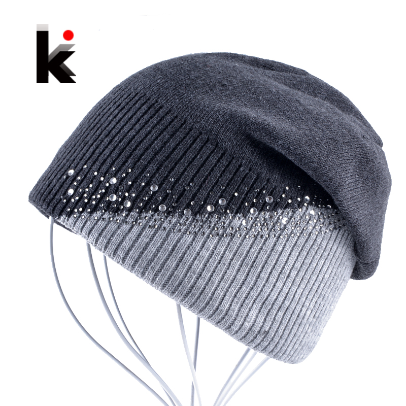 

Winter Knitted Hat Women Rhinestones Color Stitching Beanies Caps Ladies Outdoors Skies Bonnet Hat Girls Skullies Touca Inverno, Brown