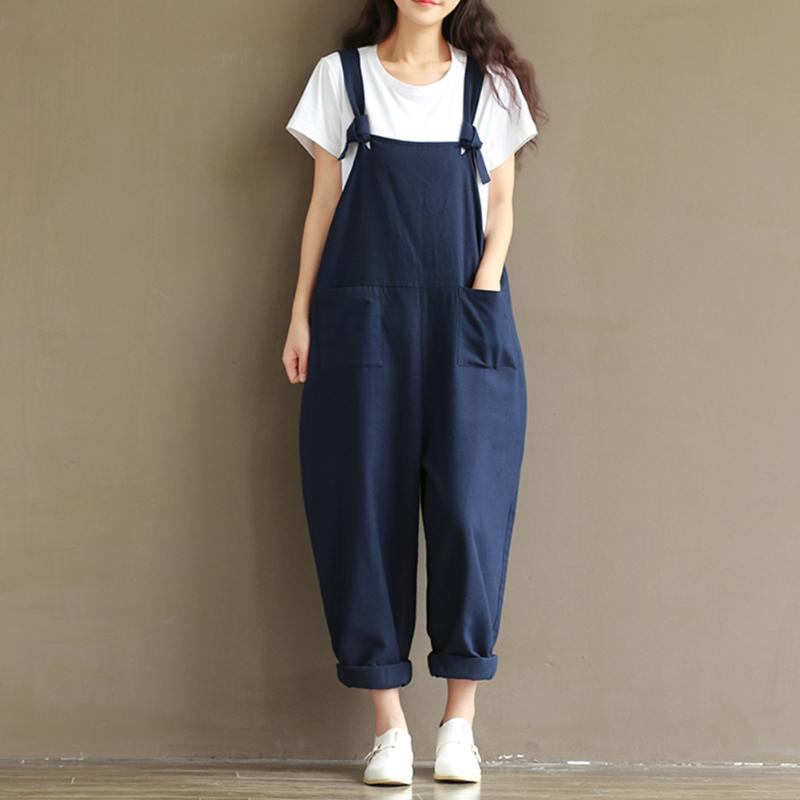 

Autumn Spring Stylish Vintage Women Casual Loose Navy Cotton Jumpsuit Strap Dungaree Trousers Overalls Romper Female, Dark blue