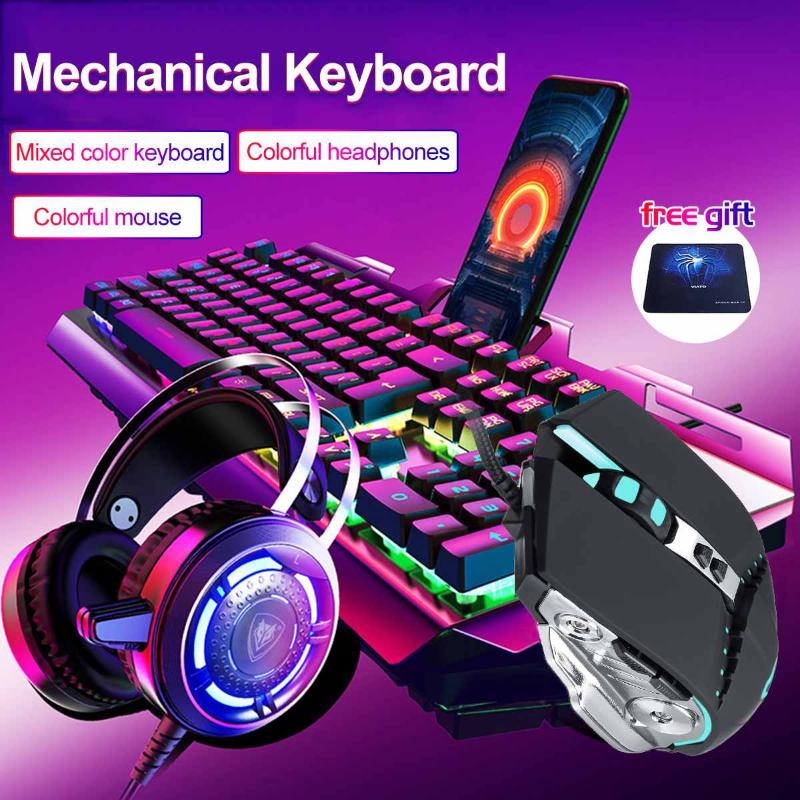 

4Pcs USB 3200DPI Mouse Colorful Headset Rainbow Backlight Mechanical Keyboard Phone Holder Set Pad for Desktop Computer Notebo