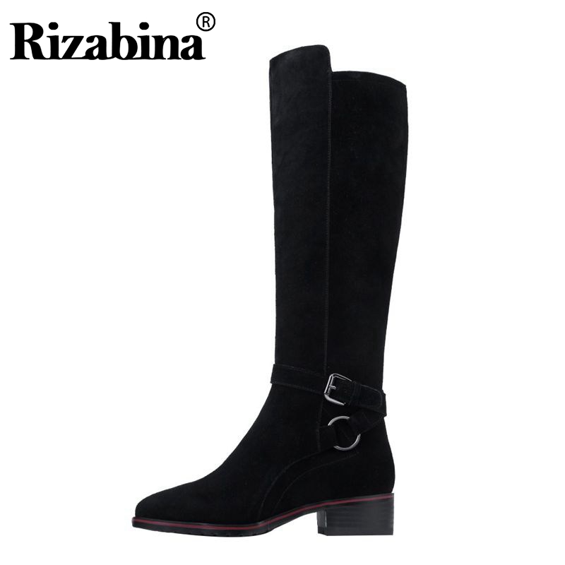 

RIZABINA Women Knee High Boots Real Leather Long Boots Side Zipper Buckle Thick Heel Shoes Winter Women Footwear Size 34-39, Black