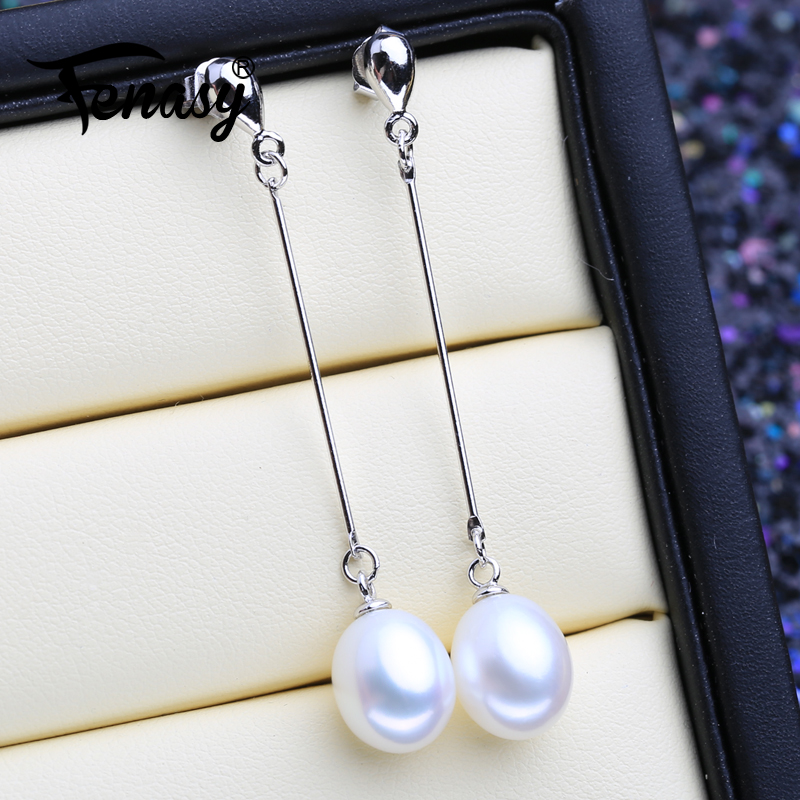 

FENASY Natural Pearl Earrings Elegant Water Drop Shaped Cubic Crystal Bridal 925 Sterling Silver Long Earrings