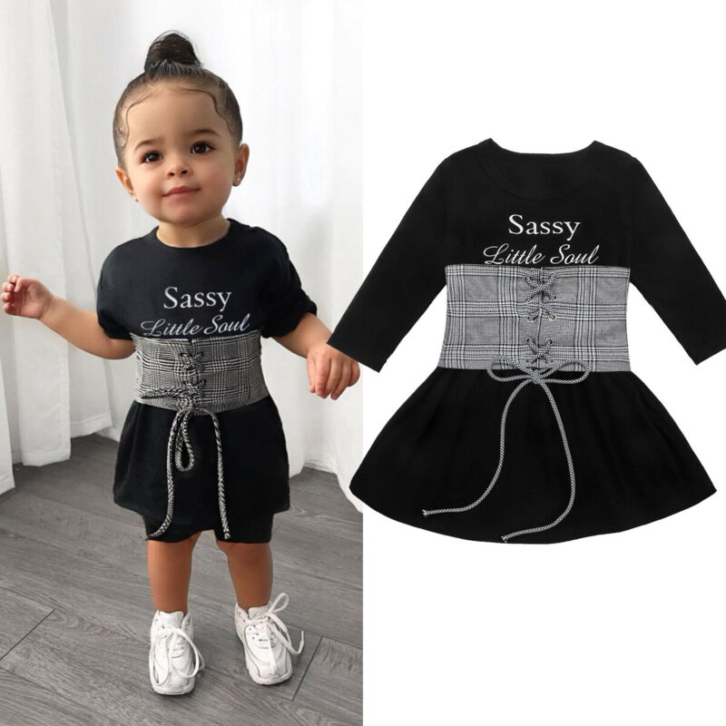 

2 Pcs Fashion Kids Baby Girls Dress Clothes Set 2020 New Letter Print Long Sleeve Dress Lace Up Waistband Outfits Clothes 1-6T, Black
