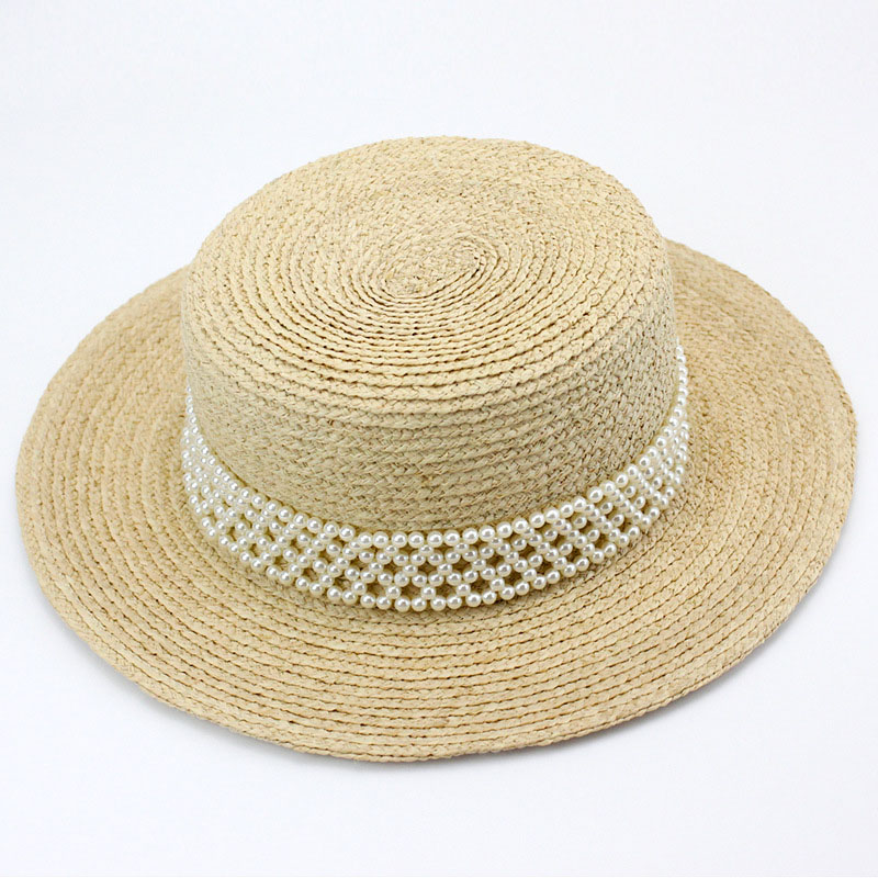 

Classical Ladies Sun Hats Luxury Pearl Band Handwoven Fine Raffia Hat Women Summer Boater Hat Panama Beach Wide Brim Fedora, Beige