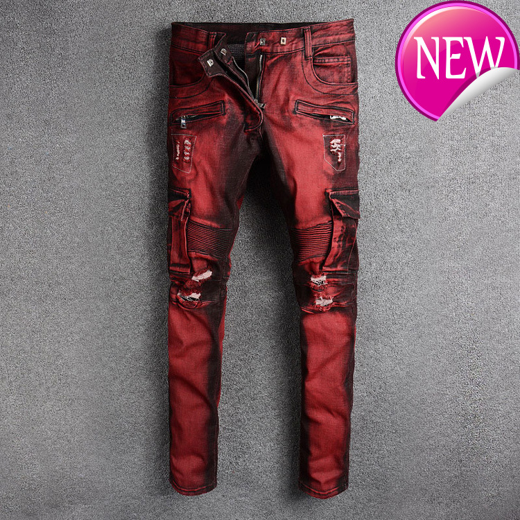 

Men Fashion Streetwear Jeans Red Color Slim Fit Elastic Spliced Ripped Jeans Men Big Pocket Denim Cargo Pants Biker homme