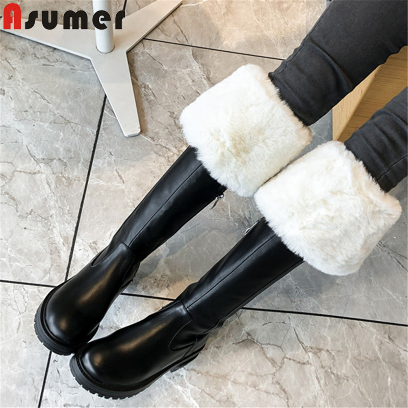 

ASUMER 2020 top quality genuine leather over the knee boots women thick fur warm winter boots fashion party prom shoes woman, Black