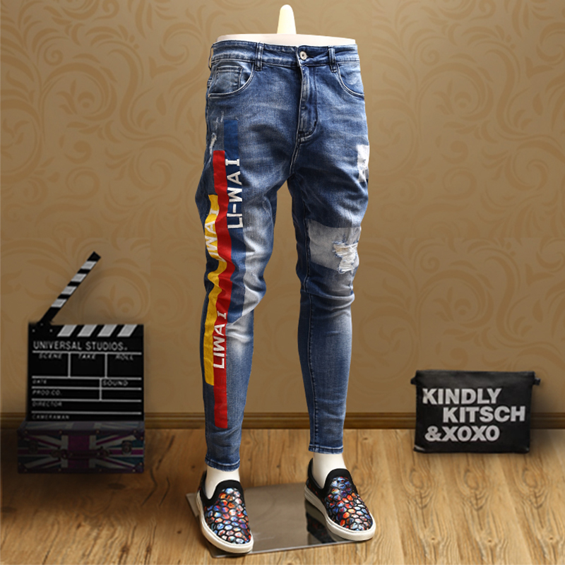 

Ripped Skinny Fashion Mens Jeans Streetwear Blue Jean Stripe Pants for Cowboys Men