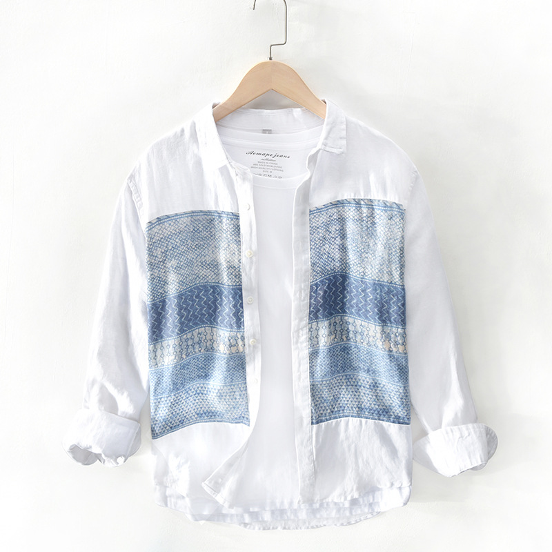 

Linen Shirt Men Comfortable and breathable linen cotton blend Long Sleeve Men Shirts, White