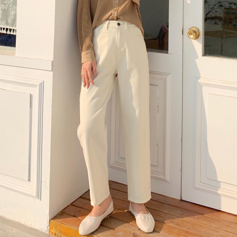 

Women ' loose straight tube 2020 spring new high waist Capris jeans, Beige